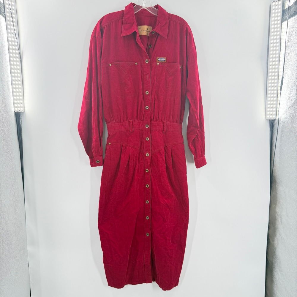 Liz Claiborne Vintage Red Corduroy Button Down Midi Shirt Dress Womens 12